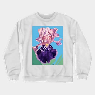 Iris Watercolor Painting - Glorious Purple on Blue Crewneck Sweatshirt